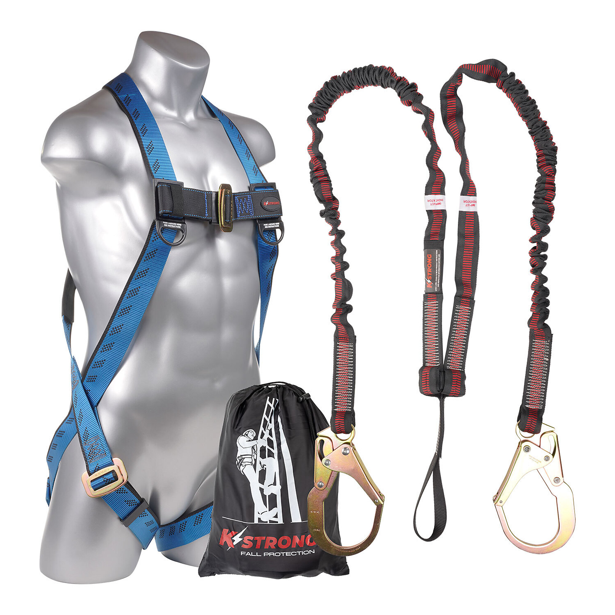 KStrong Kapture Essential 3-Point Full Body Harness — Dorsal D-Ring, 6ft. Twin Leg Internal Shock-Absorbing Lanyard with Loop and Rebar Hooks, L-XL, Model# UFK10025-L-XL